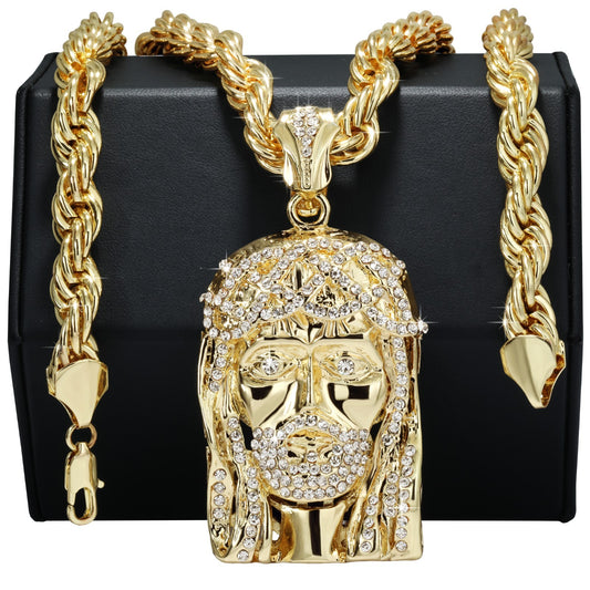 14k Rope Chain 10mm 20" 24" Large Crowned Beard Jesus Piece Gold