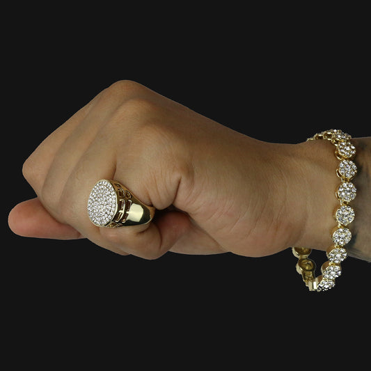 2pc Flower Bracelet Round Ring CZ Set Miami Link 14k Gold