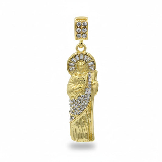 14k Gold San Judas Pendant Necklace with Iced Out Cz,20" Rope Chain Clear