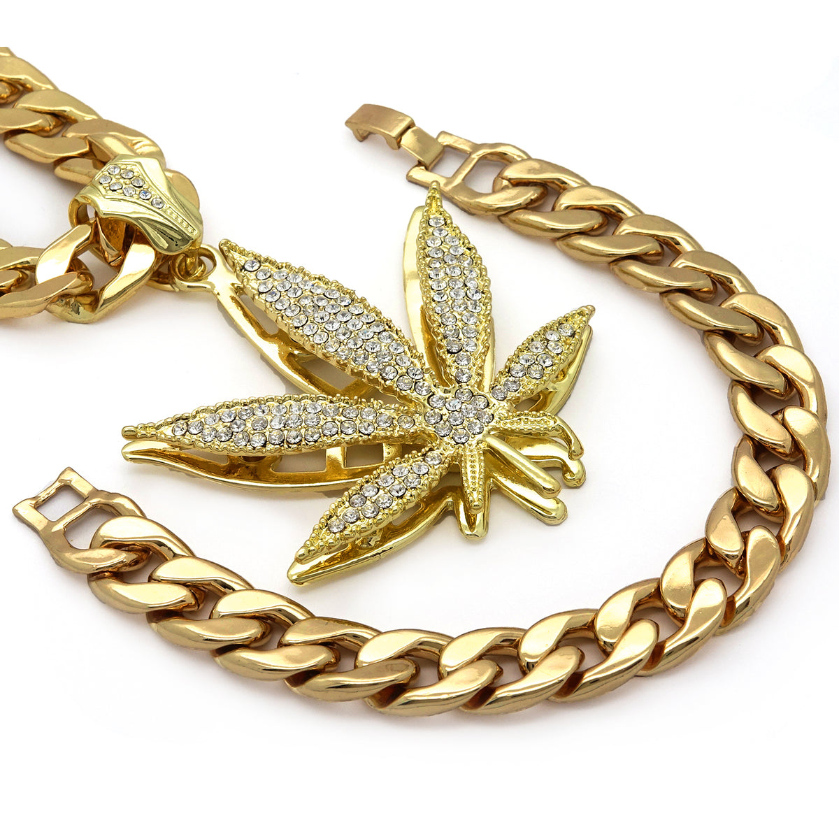 Gold Large Marijuana Pendant CZ 30" Cuban Chain & Bracelet