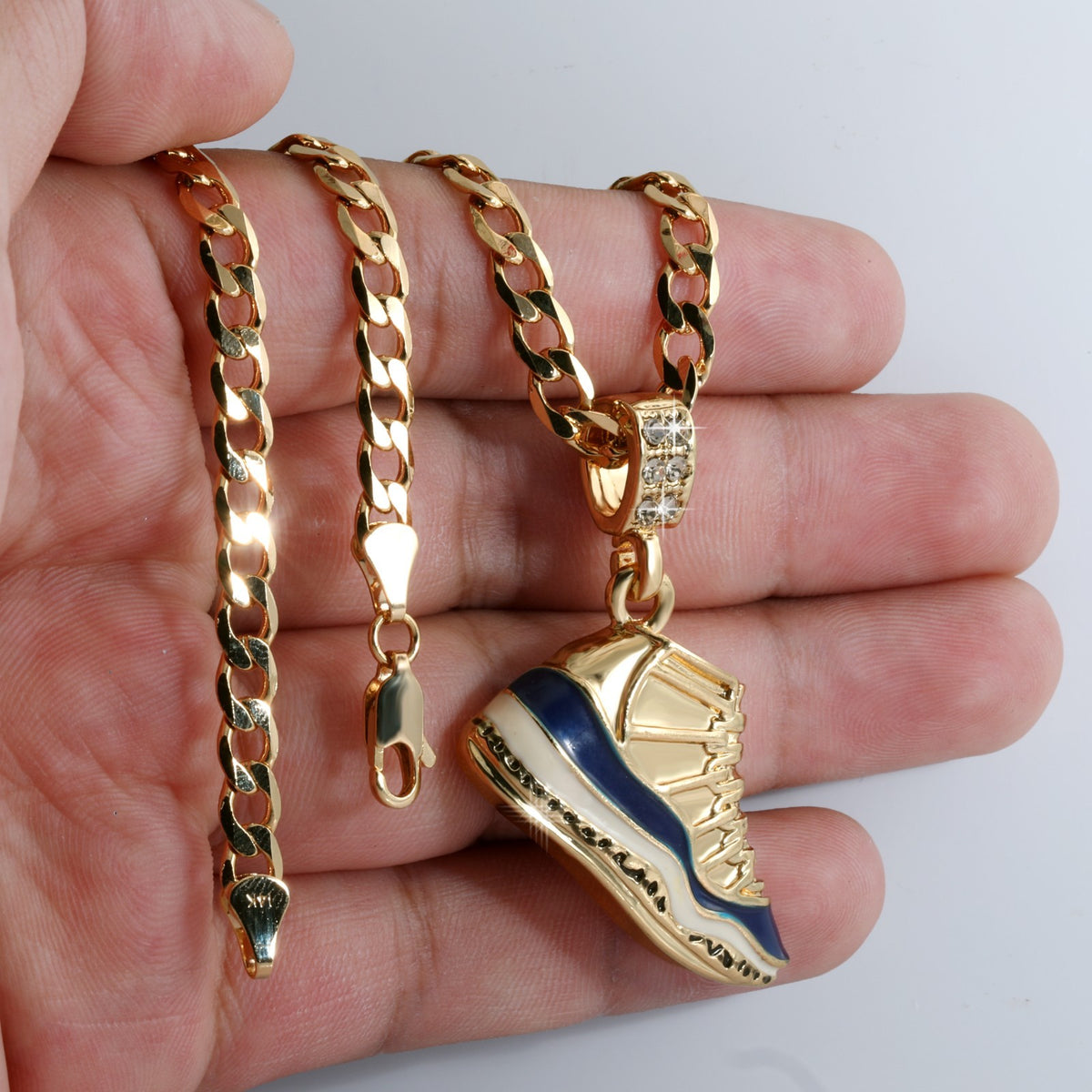 14k Cuban Curb Link Necklace 5mm Air Ocean Blue Basketball Gold