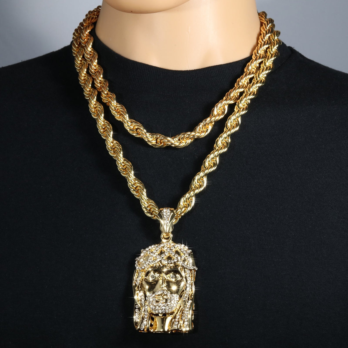 14k Rope Chain 10mm 20" 24" Large Crowned Beard Jesus Piece Gold