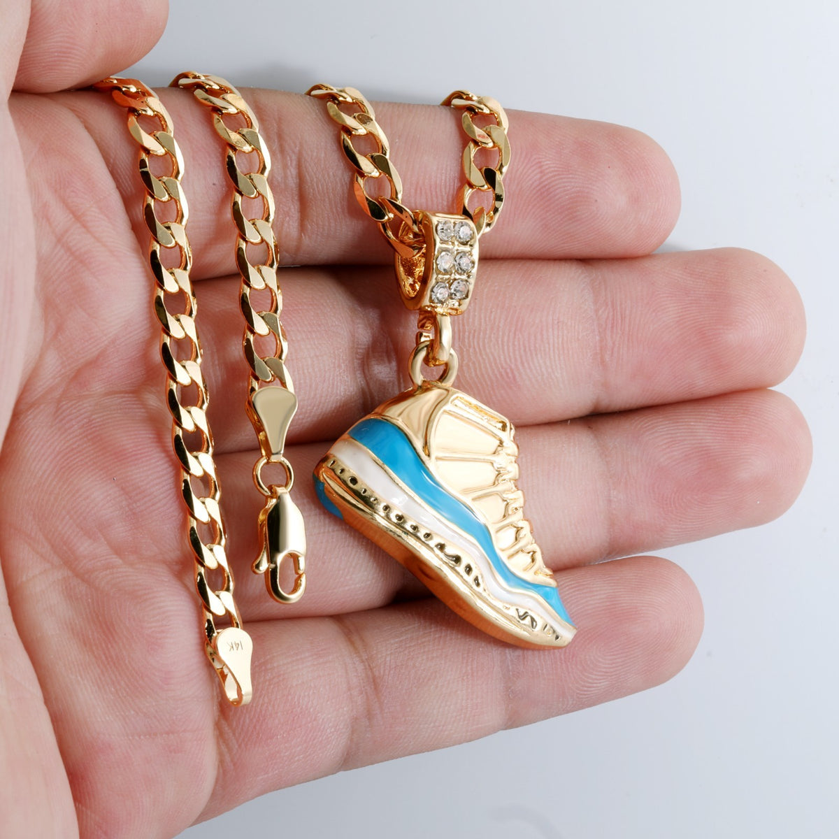 14k Cuban Curb Link Necklace 5mm A1r - Sky Blue Basketball Gold