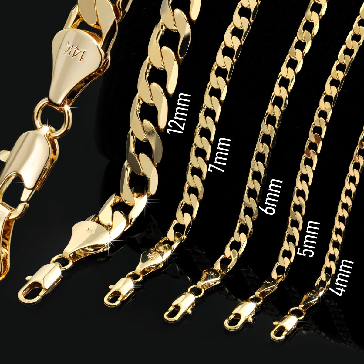 Curb Cuban Chain Link Necklace 14k Gold 4mm, 5mm, 6mm, 7mm & 12mm - 24"In
