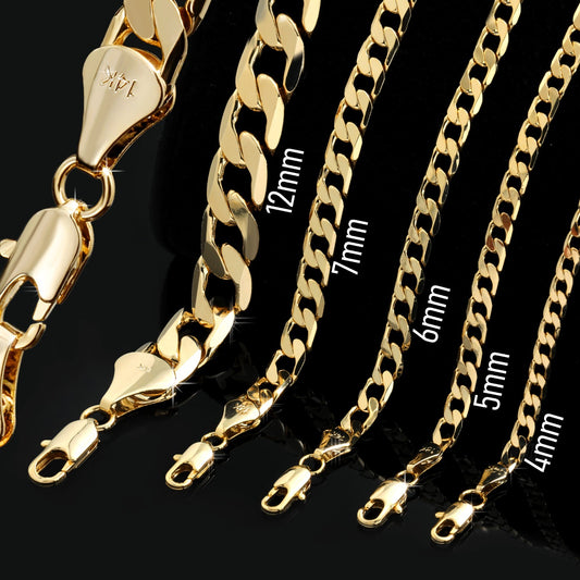 Curb Cuban Chain Link Necklace 14k Gold 4mm, 5mm, 6mm, 7mm & 12mm - 24"In