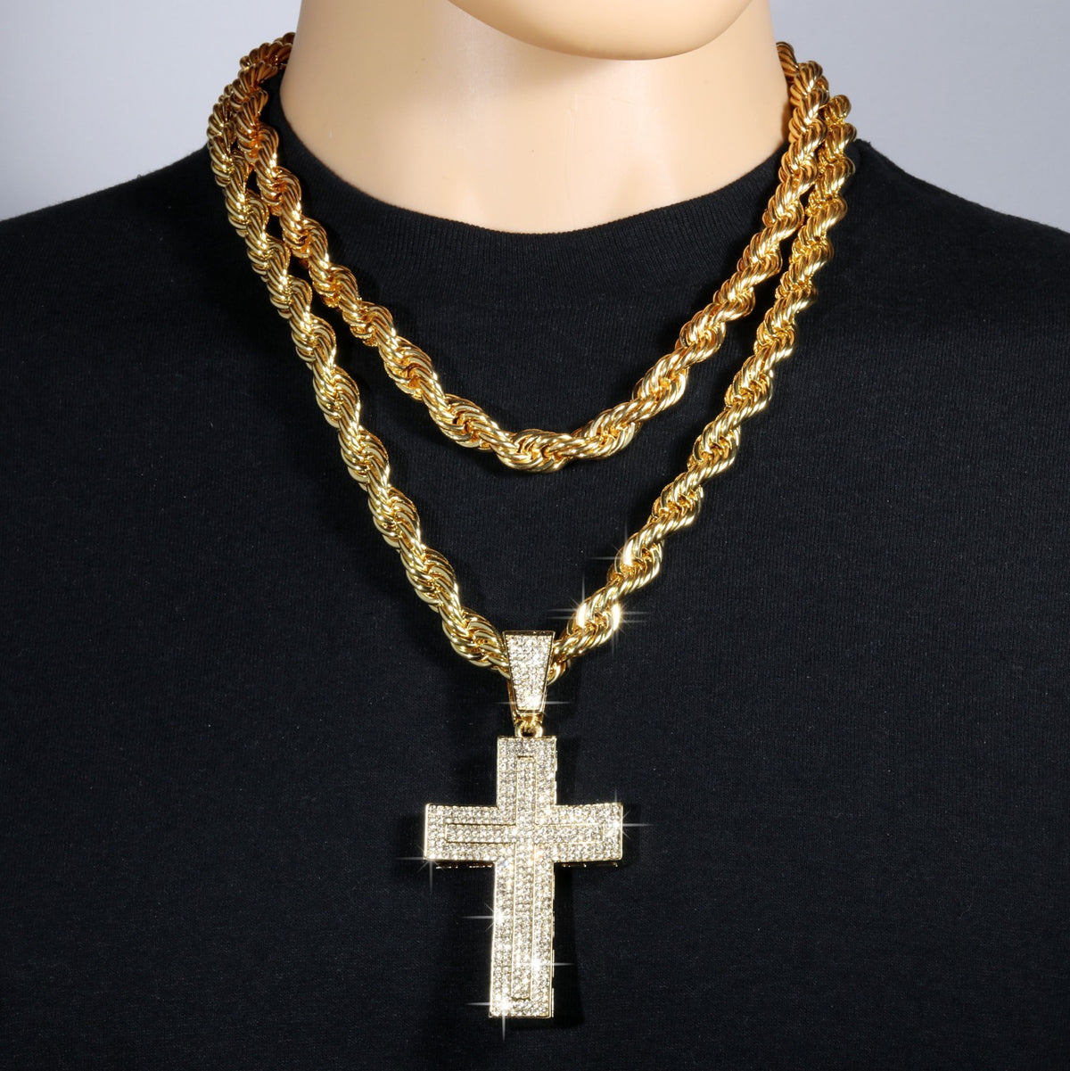 14k Rope Chain 10mm 20" & 24"In Large Curved Cross Gold Style