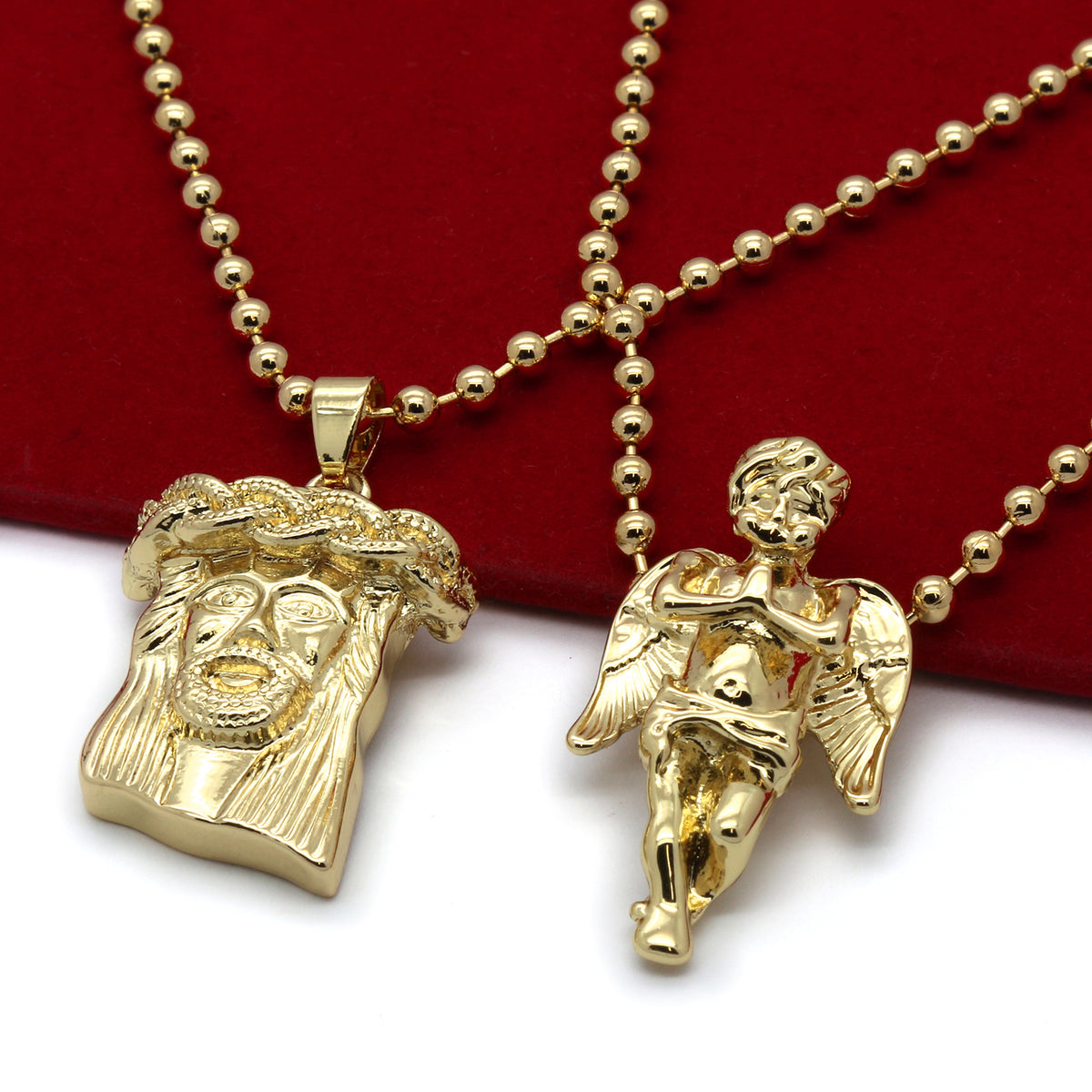 Men's Gold Jesus Angel Piece Combo Set Plain Pendant Chain Necklace