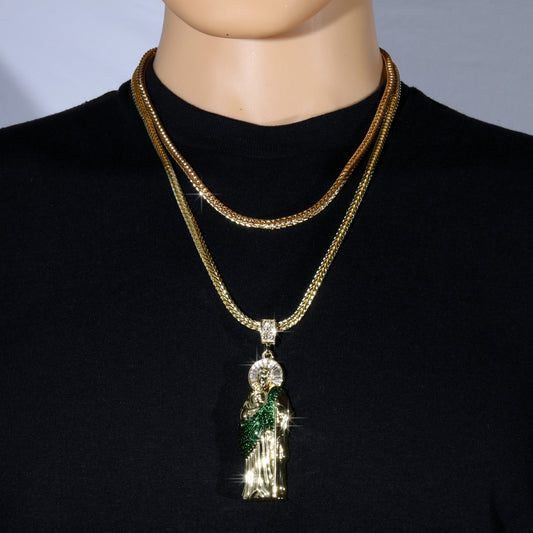 Franco Chain Necklace 4mm - 20" 24" 30" Green San Judas Pendant Gold