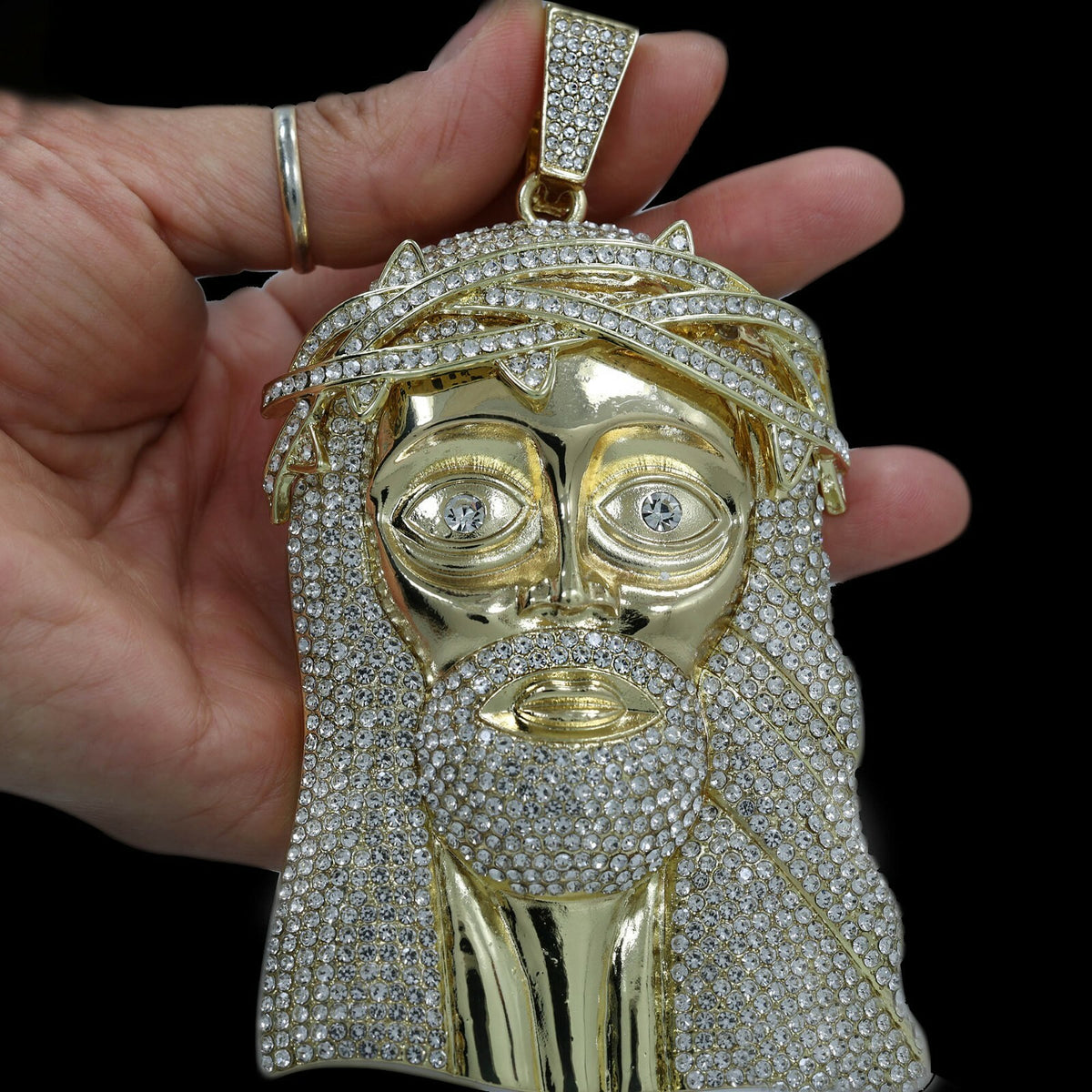 Big Jesus CZ Pendant 36" Rope Chain Jumbo Size Gold