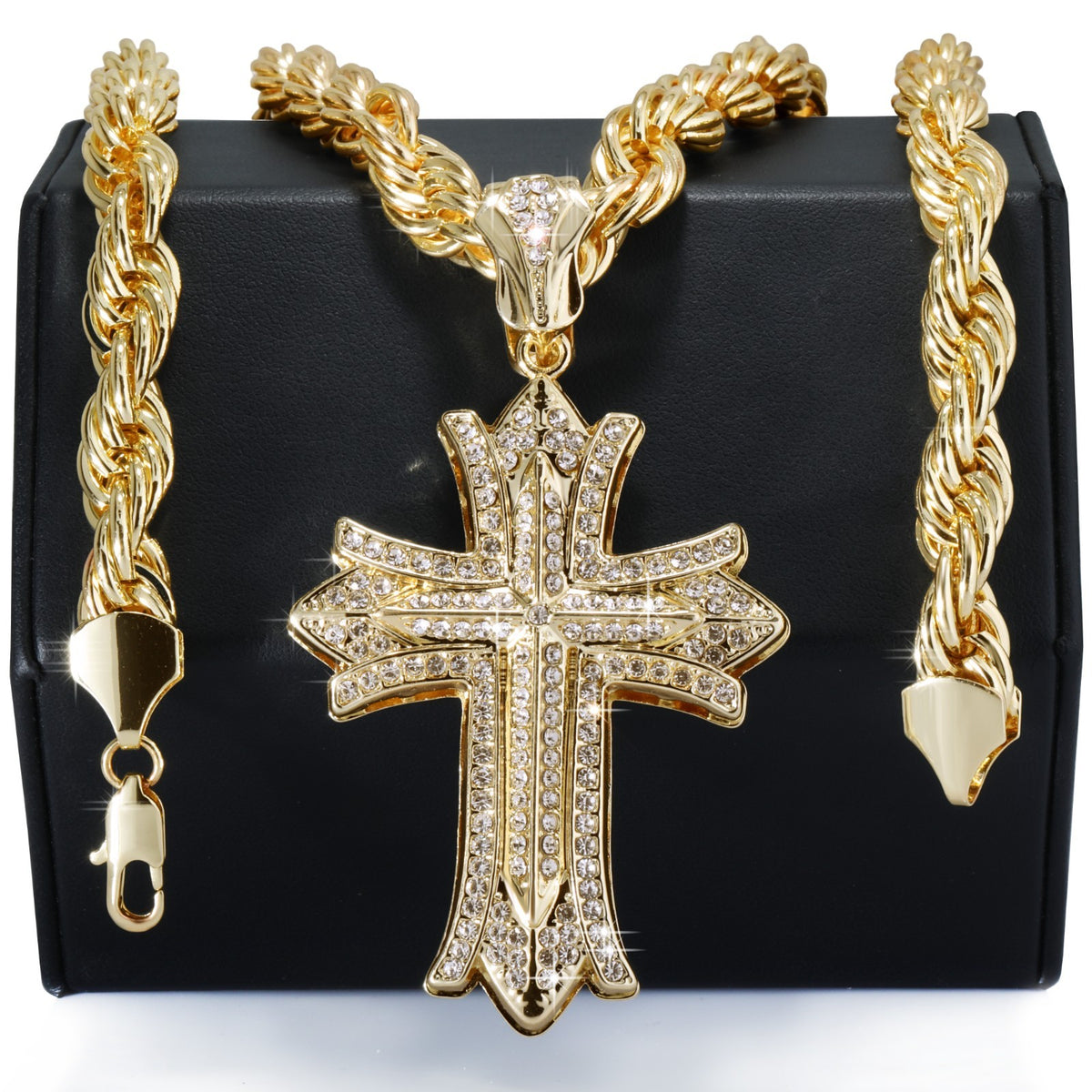 14k Rope Chain 10mm 20" & 24"In Large Clover Cross Gold