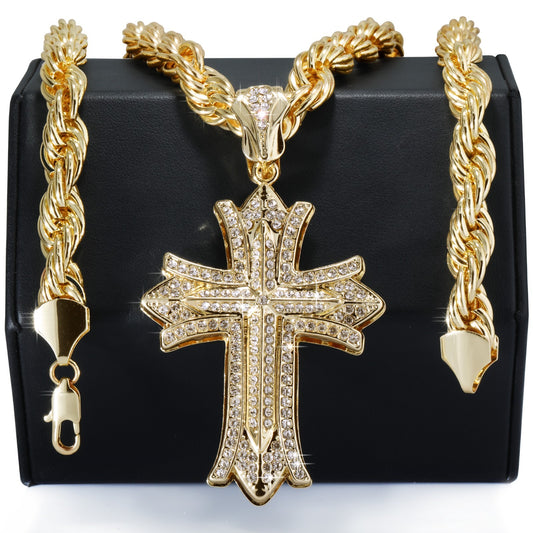 14k Rope Chain 10mm 20" & 24"In Large Clover Cross Gold