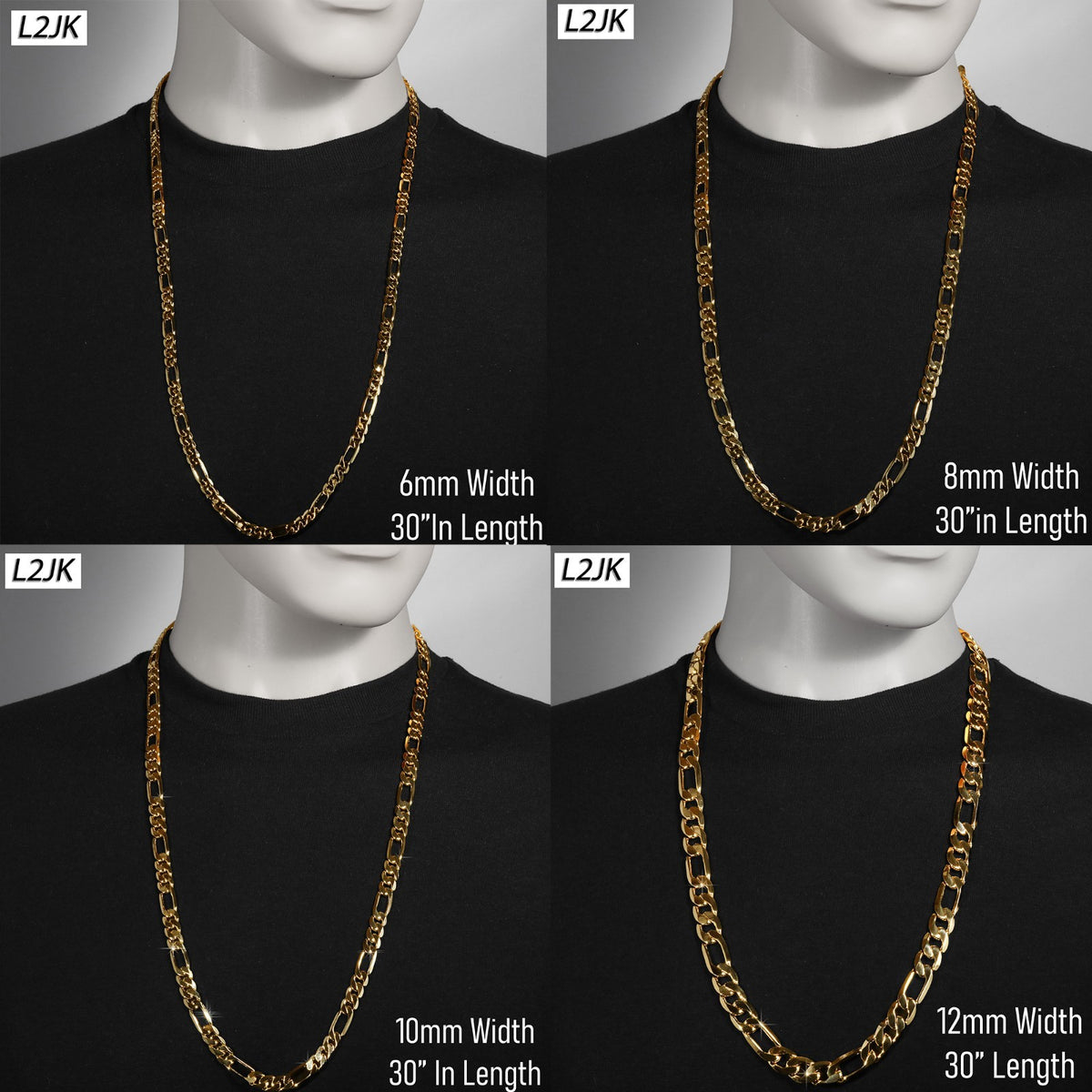 Figaro Chain Necklace Link 4mm to 12mm - 30" 14k Gold Men Jewelry