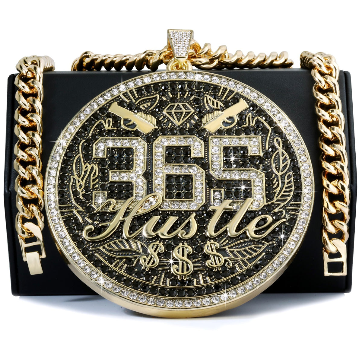 Miami Cuban Curb Chain Necklace 10mm 30In & 365 Hustle Money Sign Gold