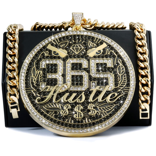 Miami Cuban Curb Chain Necklace 10mm 30In & 365 Hustle Money Sign Gold