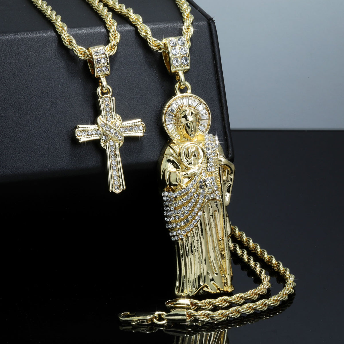 San Judas & X Cross Iced CZ 14k Gold 4mm Rope Chain