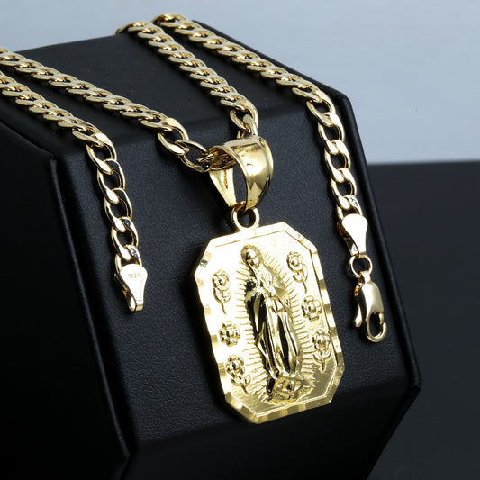 Flower Virgin Mary Charm Pendant 14k Gold 20" Cuban Choker Chain