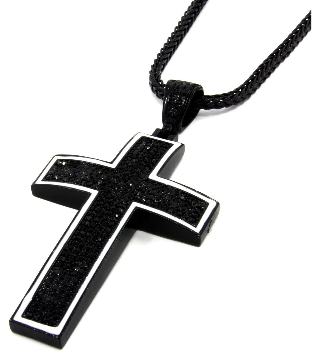 Black Cross Pendant CZ 36" Inch Franco Necklace Chain