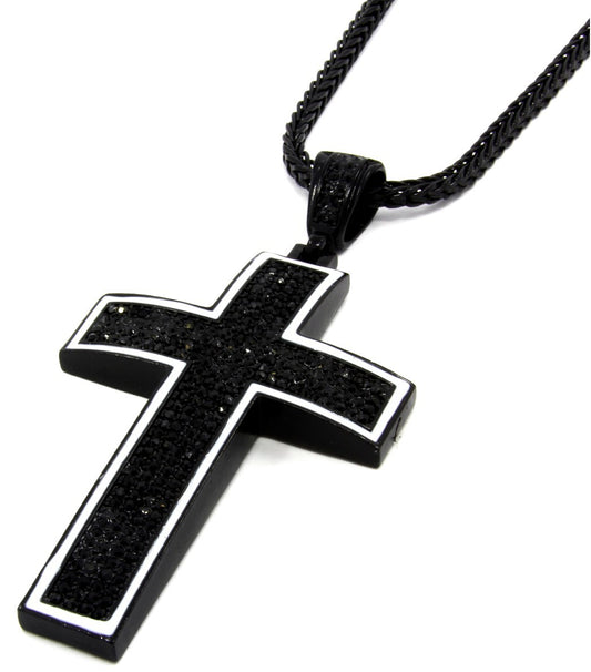 Black Cross Pendant CZ 36" Inch Franco Necklace Chain