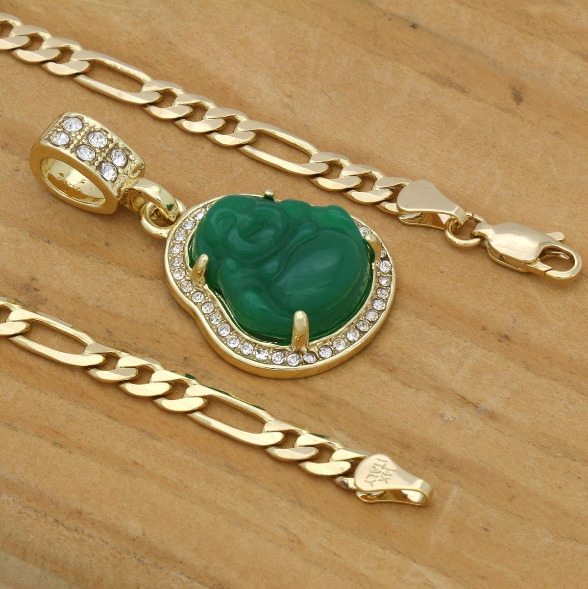 14k Gold Green Jade Buddha Pendant Iced CZ 24" Figaro Chain
