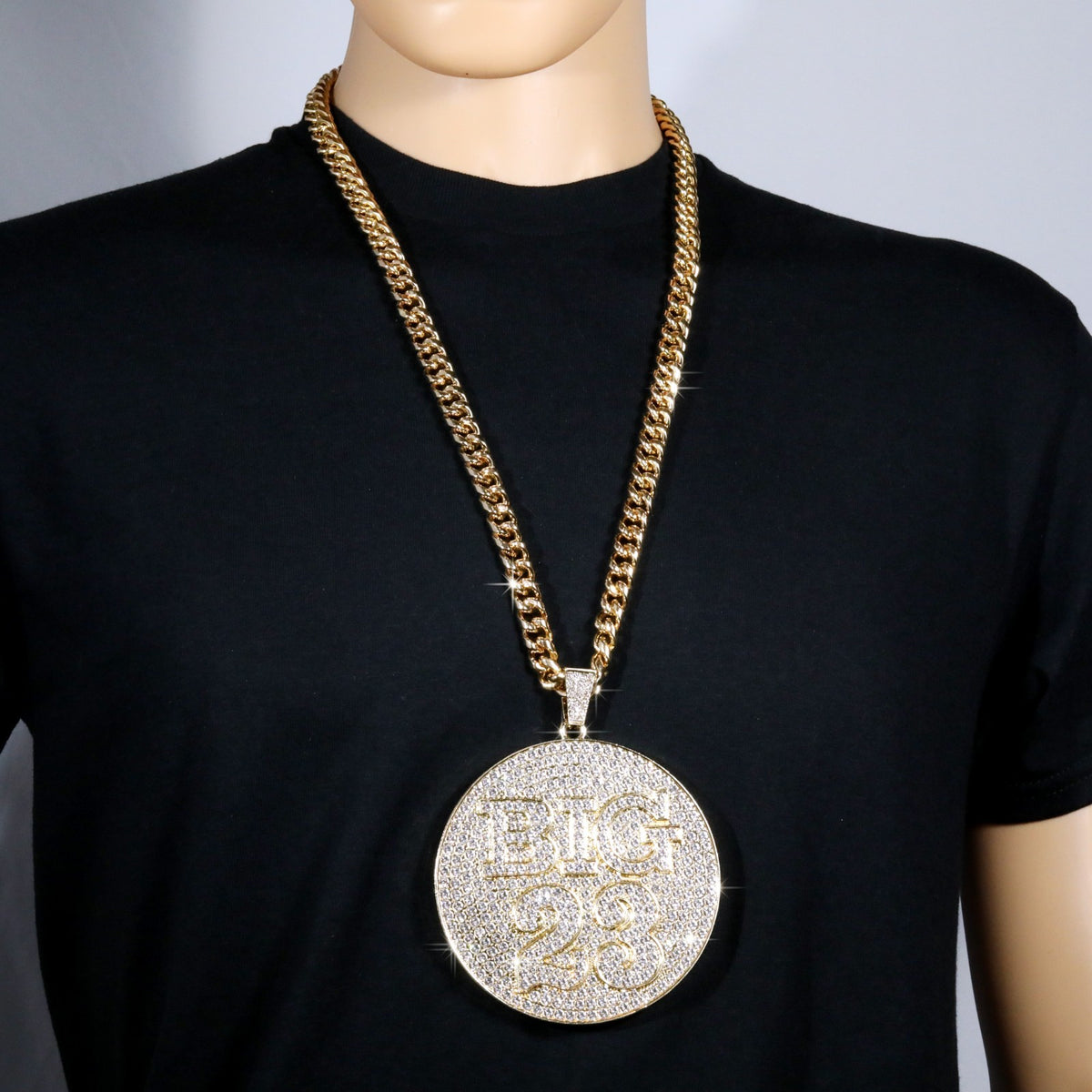 Curb Cuban Chain Necklace 10mm 30"in Big #23 Medallion Gold