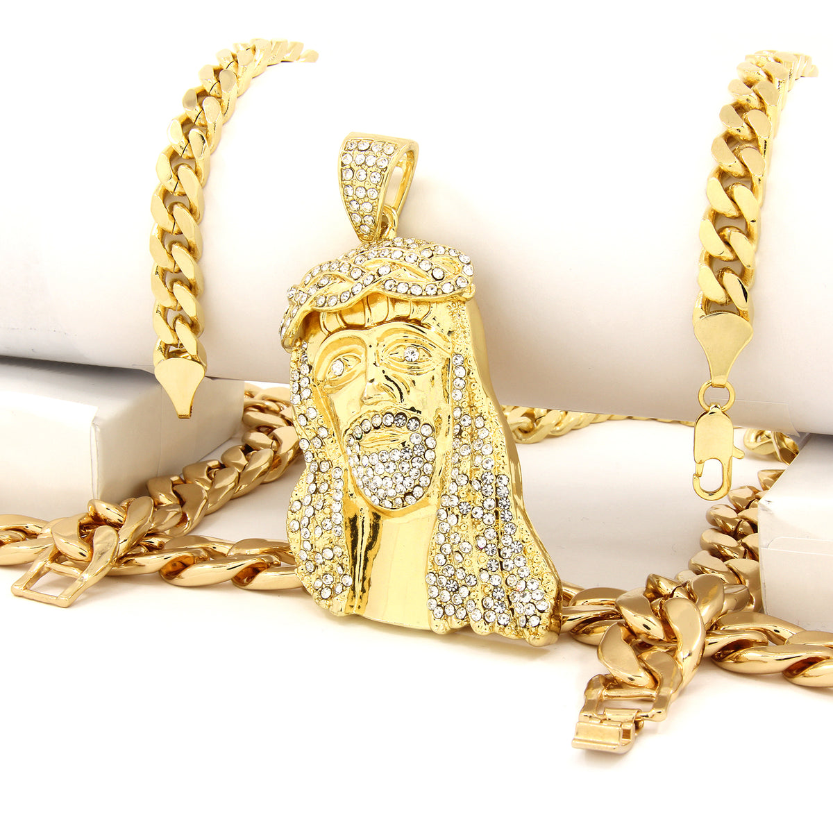 Gold Jesus Piece Pendant CZ Two 30" Cuban Chain