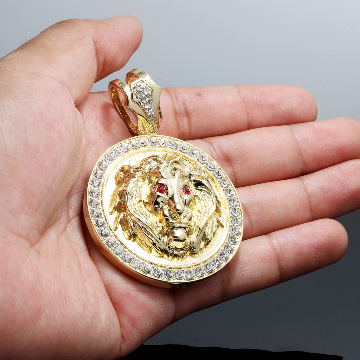 Lion Round Pendant Red Eye Iced CZ 4mm Rope Chain 14k Gold