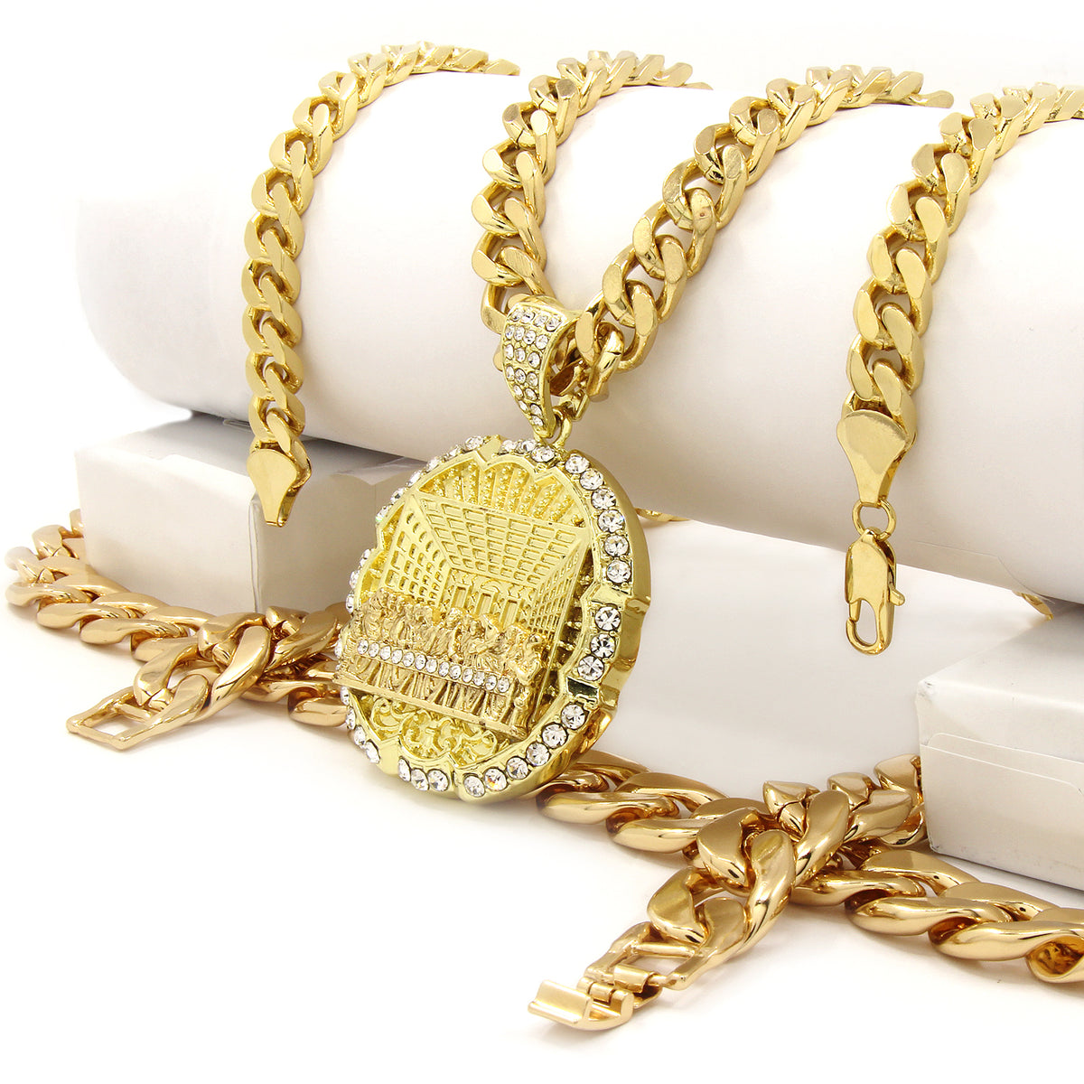 Men 14k Gold Last Supper Pendant Iced CZ Two 30" Cuban Chain