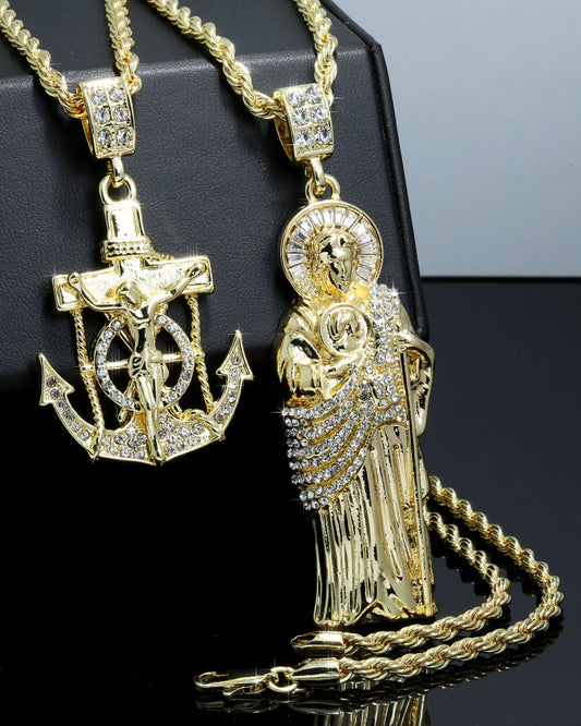 Iced San Judas & Jesus Anchor Pendant CZ Gold 4mm Rope Chain