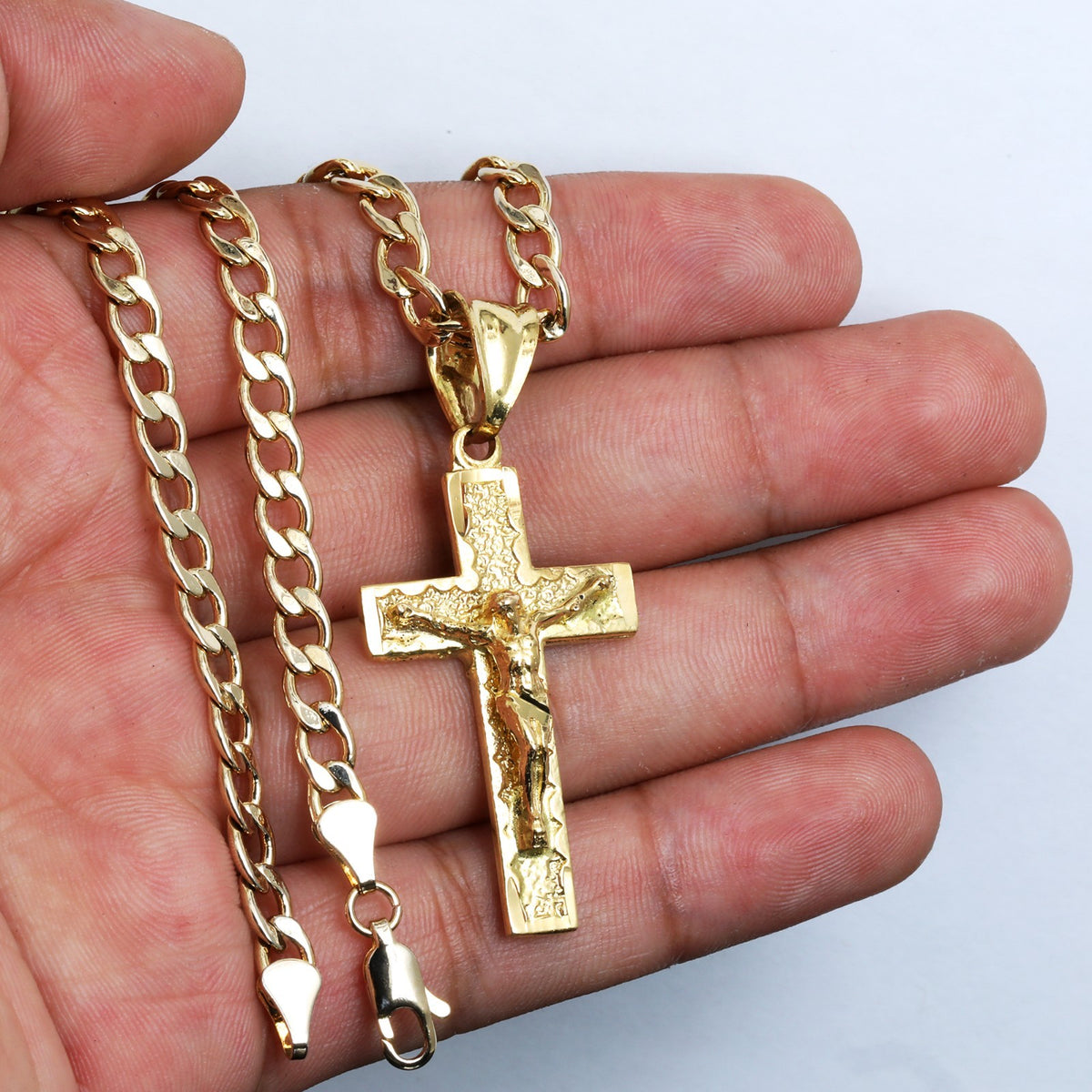 Jesus Nugget Cross 14k Gold 5mm 20" Cuban Necklace Choker Chain
