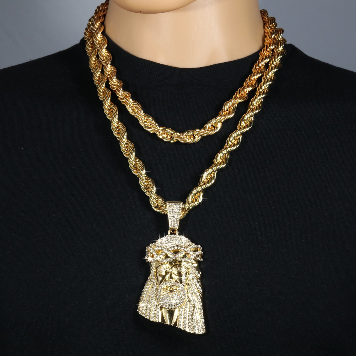 14k Rope Chain 10mm 20" & 24" Large Jesus Piece Tear Face Gold