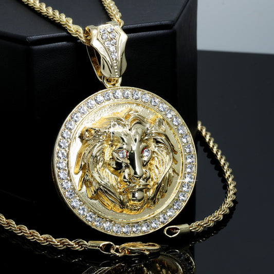 Lion Round Pendant Iced Eye CZ 4mm Rope Chain 14k Gold Men