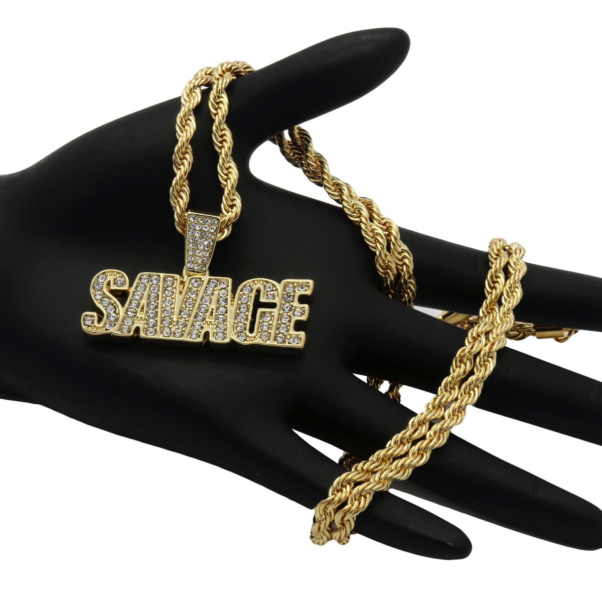 Men's 14k Gold Savage CZ Pendant 4mm Rope Chain Necklace