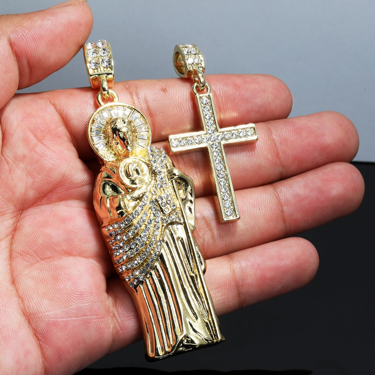 San Judas & One Row Iced Cross CZ 14k Gold 4mm Rope Chain