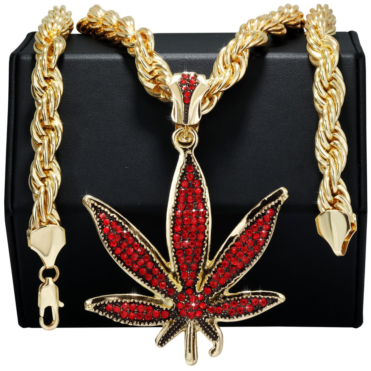 Rope Chain 10mm 20" & 24"In Red Marijuana Leaf Large Weed Necklace Gold
