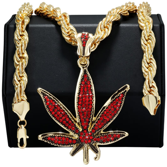 Rope Chain 10mm 20" & 24"In Red Marijuana Leaf Large Weed Necklace Gold