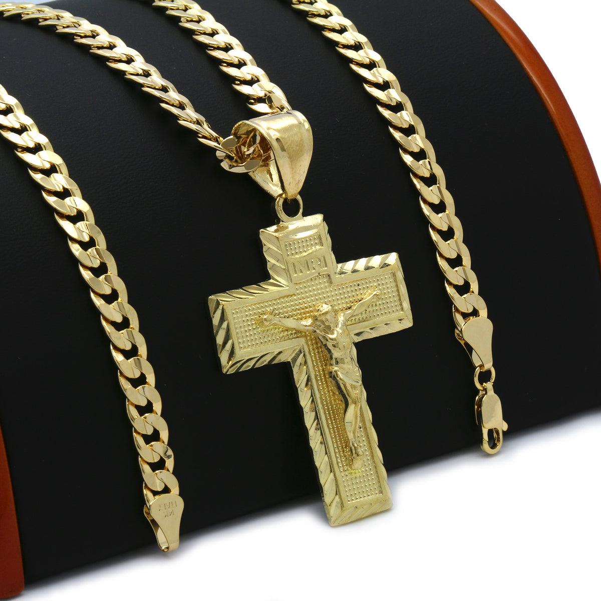 Men's 18k Gold Jesus Cross (L) Pendant 6mm Cuban Chain Necklace