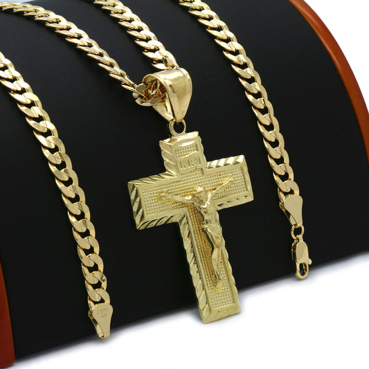 Men's 18k Gold Jesus Cross (L) Pendant 6mm Cuban Chain Necklace