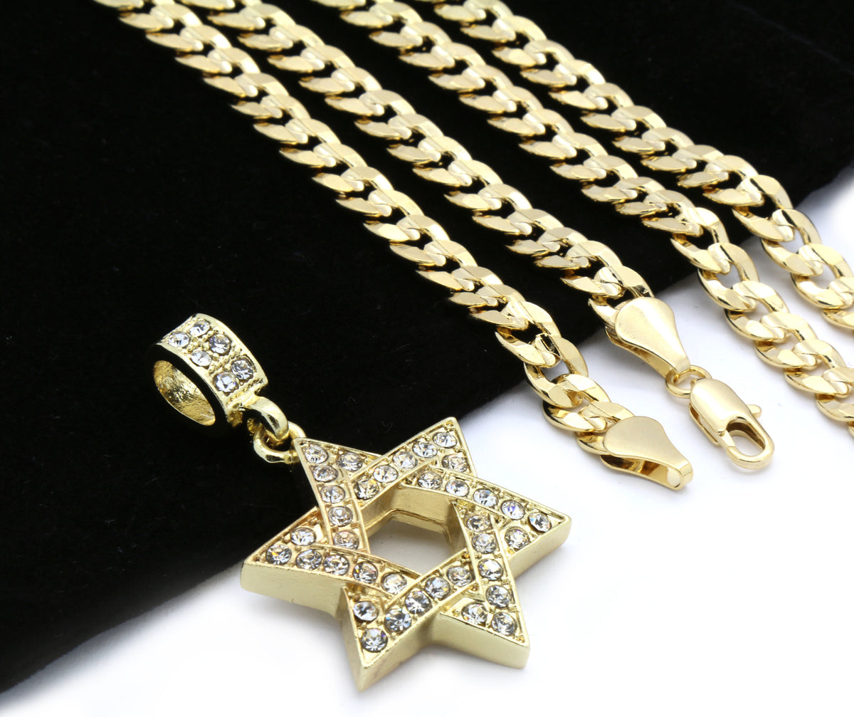 Men Gold Star of David Pendant Iced CZ 24" 6mm Cuban Chain