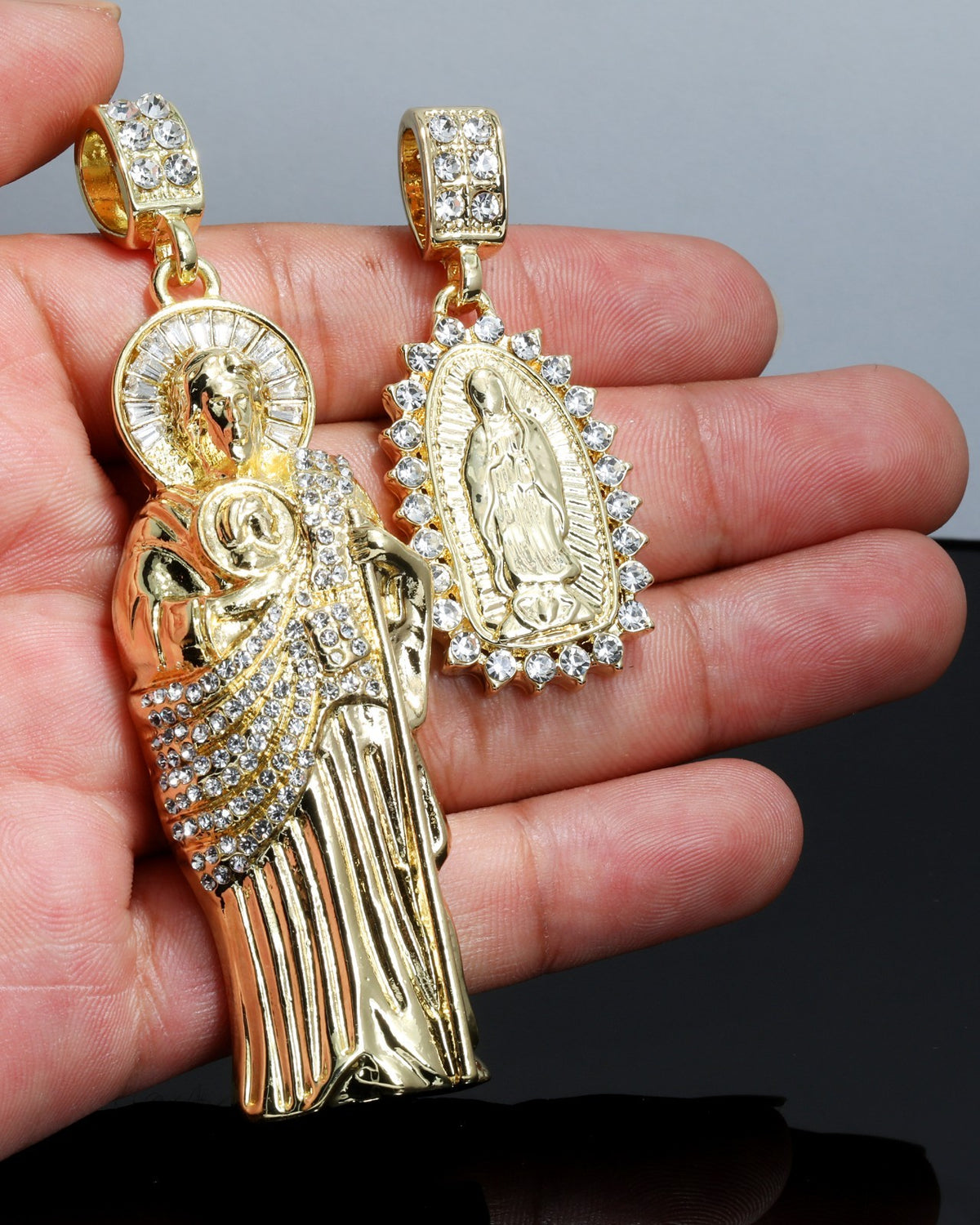 Iced San Judas & Oval Virgin Pendant CZ Gold 4mm Rope Chain