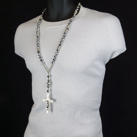 Men 8mm Silver & Gray Crystal Glass Cut Rosary Jesus Cross Coil Necklace