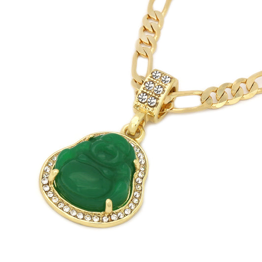 14k Gold Green Jade Buddha Pendant Iced CZ 24" Figaro Chain