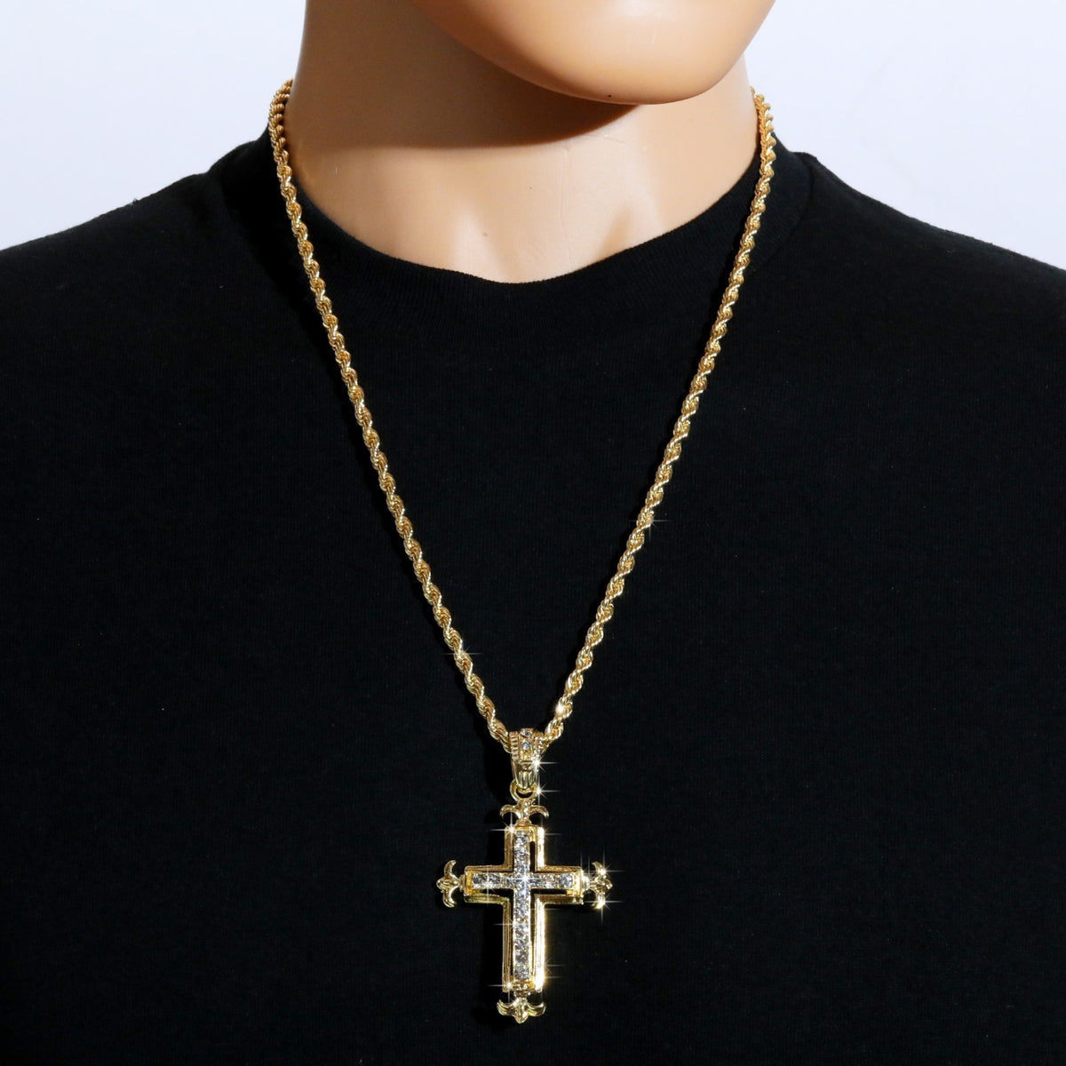Cross Fleury Pendant Rope Chain 24" 14k Gold Jewelry Men