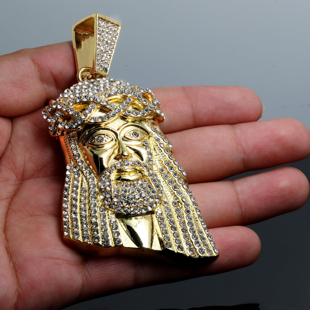 Large Tear Jesus Face CZ Fully Iced Pendant 10mm Chain Gold