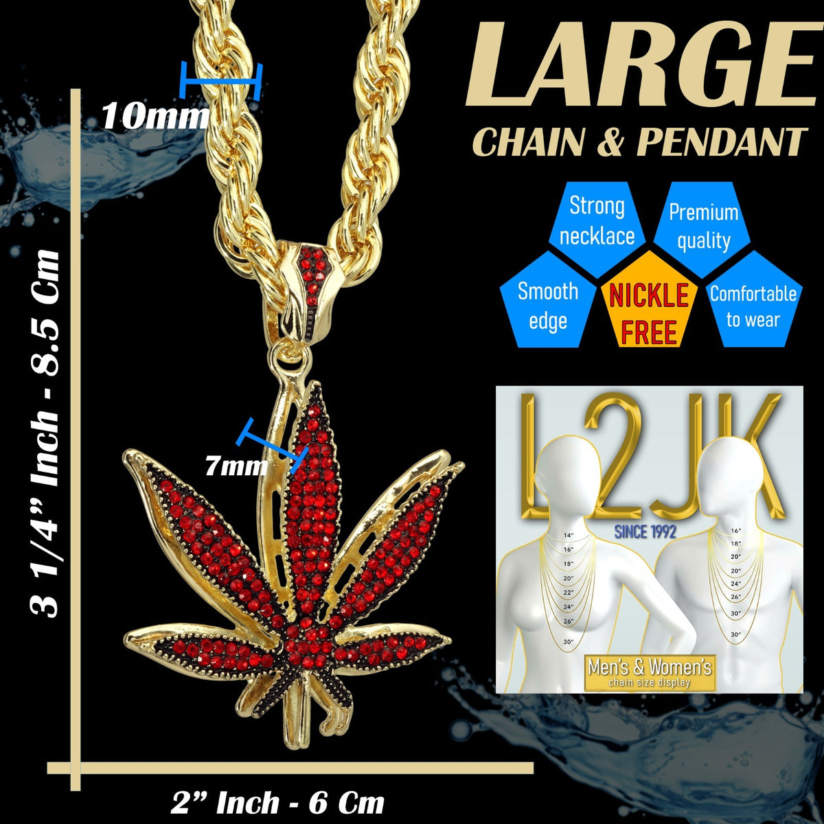 Rope Chain 10mm 20" & 24"In Red Marijuana Leaf Large Weed Necklace Gold