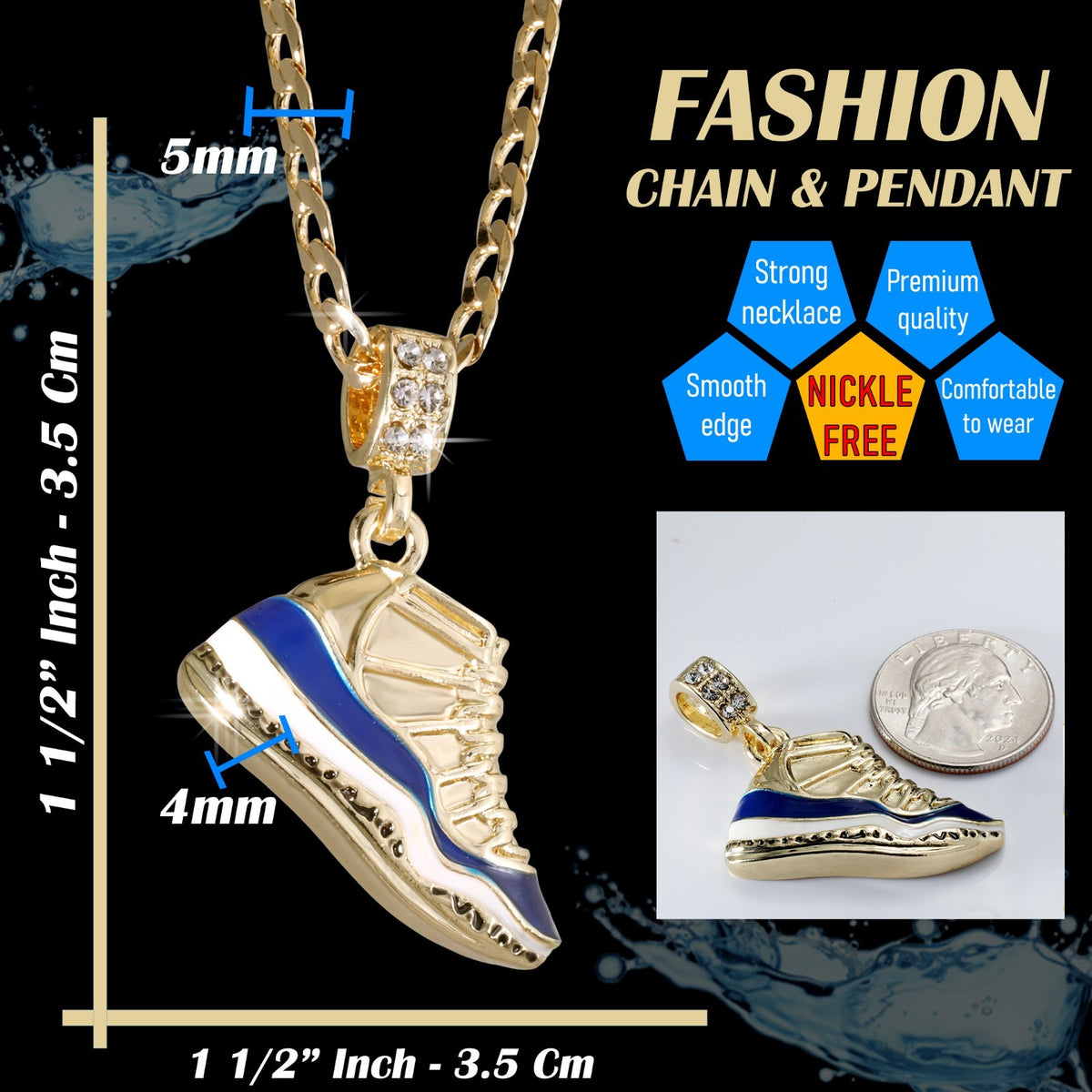 14k Cuban Curb Link Necklace 5mm Air Ocean Blue Basketball Gold