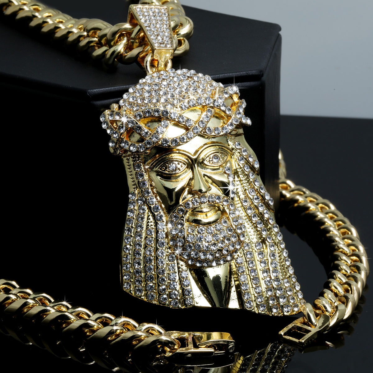 Large Tear Jesus Face CZ Fully Iced Pendant 10mm Chain Gold