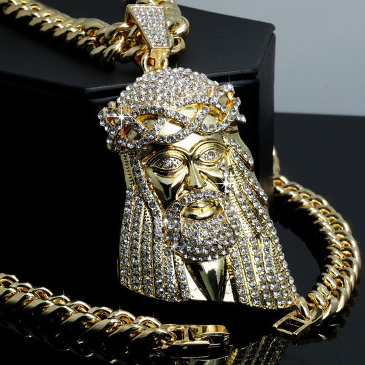 Large Tear Jesus Face CZ Fully Iced Pendant 10mm Chain Gold