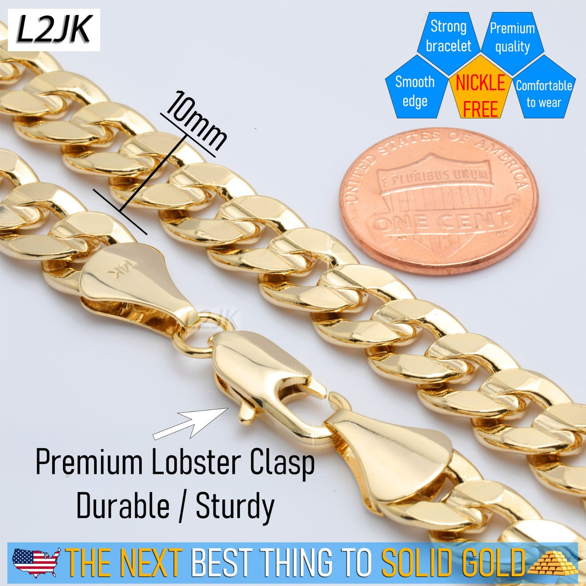 Concave Cuban Link Chain 10mm Bracelet 8.5" 14k Gold Men