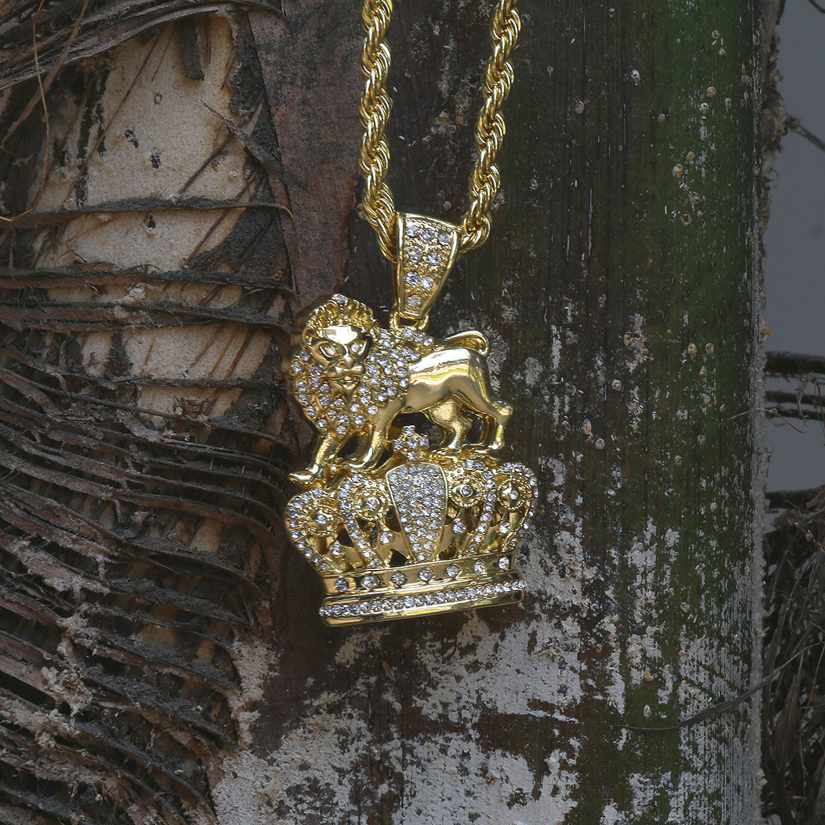 14k Gold Royal Lion Crown CZ Pendant 4mm 30" Rope Chain