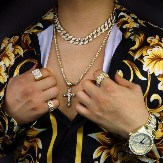 Men's 14k Gold Cross 18" CZ Cuban & 24" Tennis Chain Bad Bunny
